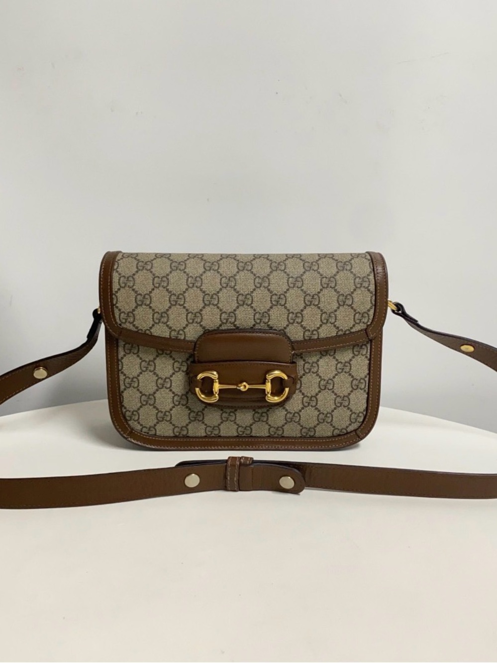 Gucci Beige GG Supreme Canvas & Brown Leather Crossbody with Gold Horsebit